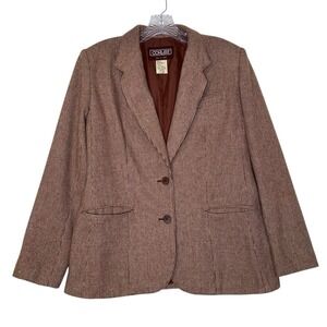 Vintage Wool Blazer Women 12 Brown Plaid Single Breasted Preppy Made Japan